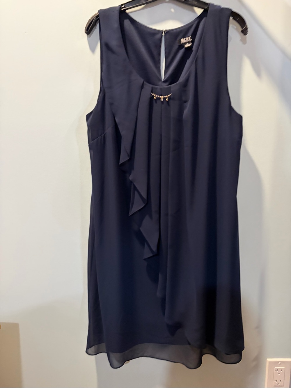SLNY Navy Sleeveless Ruffle-Front Mini Dress with Gold Accent